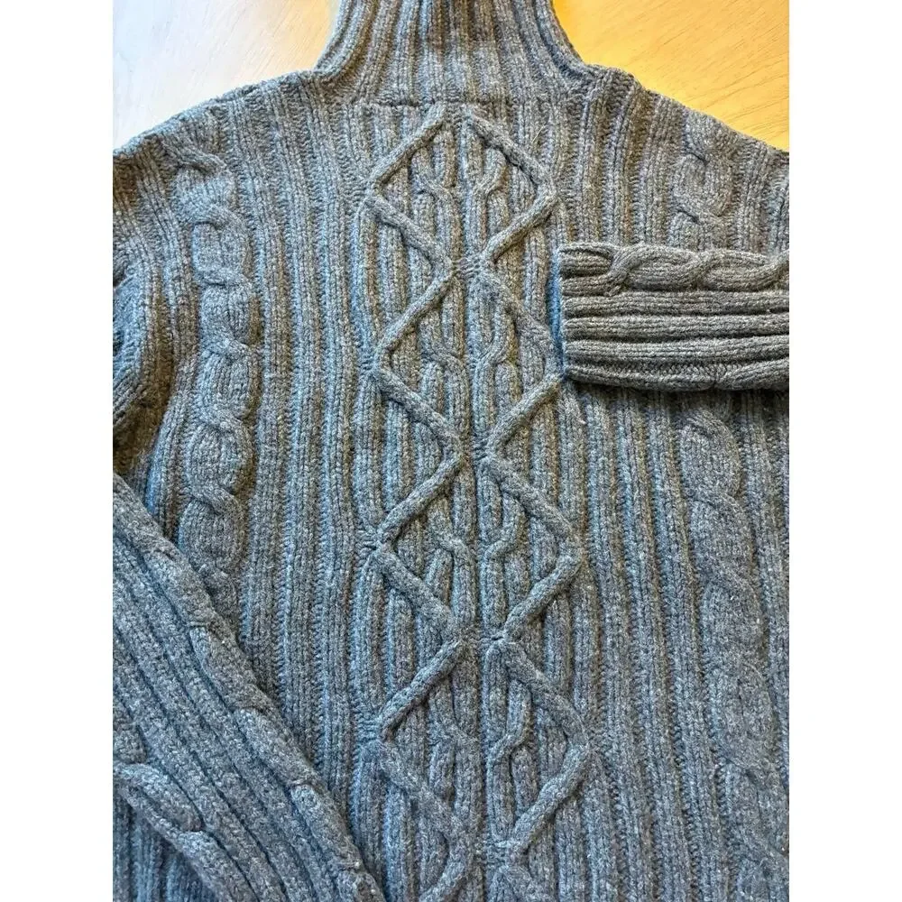 VTG Mens L Turtleneck Fisherman Gray Wool Sweater Diamond Chunky 100% Lambswool